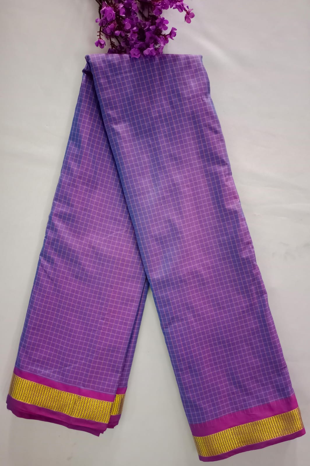 NVSSCB007-Voilet Checked Border Soft Silk Saree
