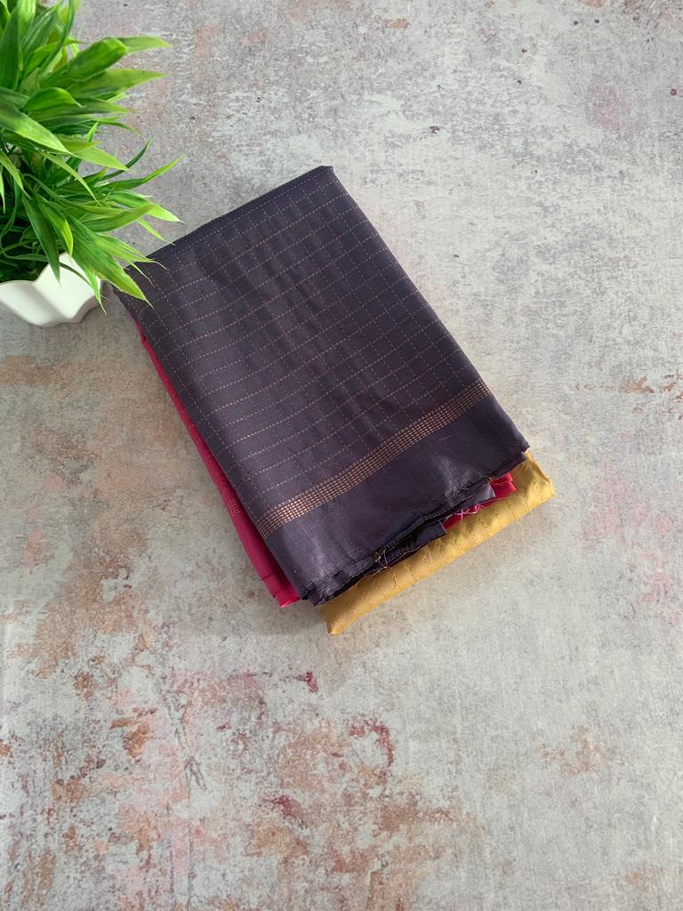 Noil Silk Checked Border sarees grey and pink color