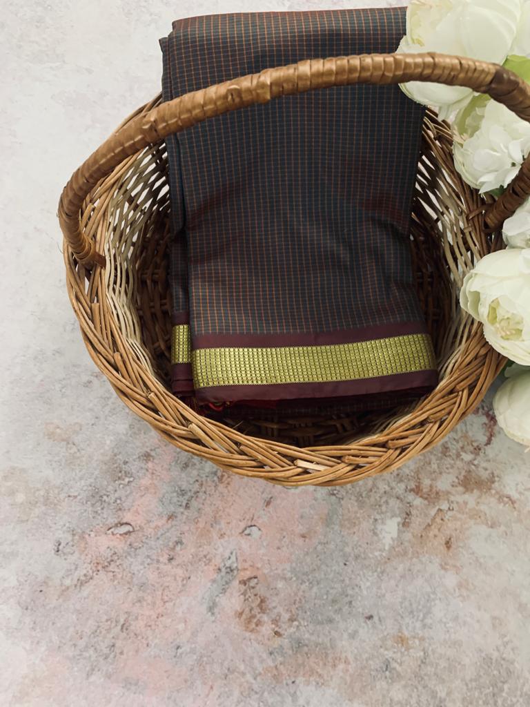 Soft Silk Checked Border - brown Sarees