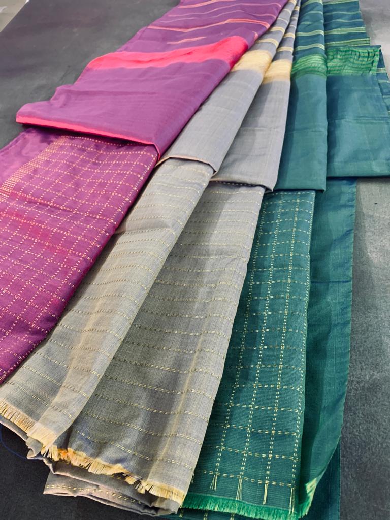Noil Silk Checked Border sarees green and pink color