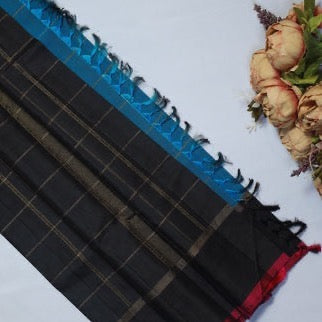 NVDHSS06-Sky Blue and Black Dobby Handloom Silk Saree