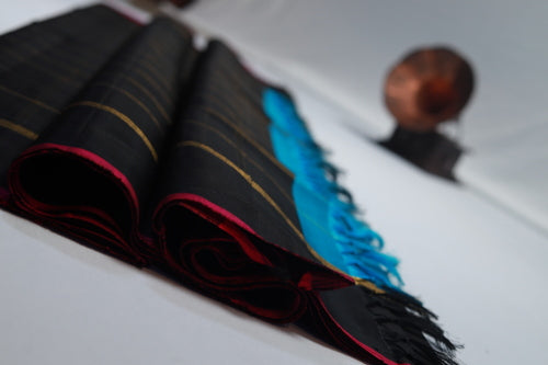 NVDHSS06-Sky Blue and Black Dobby Handloom Silk Saree