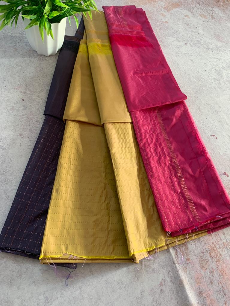 Noil Silk Checked Border sarees grey and pink color