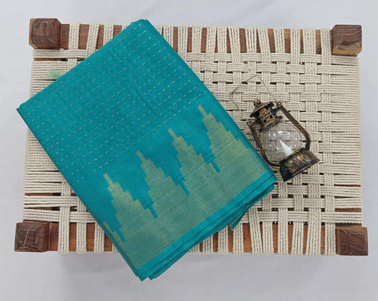 NVLCTB004-Linen cotton Temple border saree Aqua blue Color