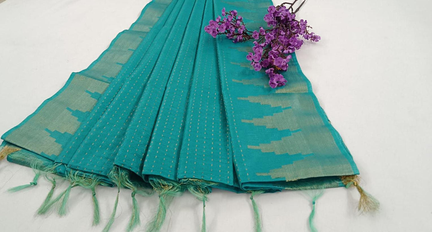 NVLCTB004-Linen cotton Temple border saree Aqua blue Color