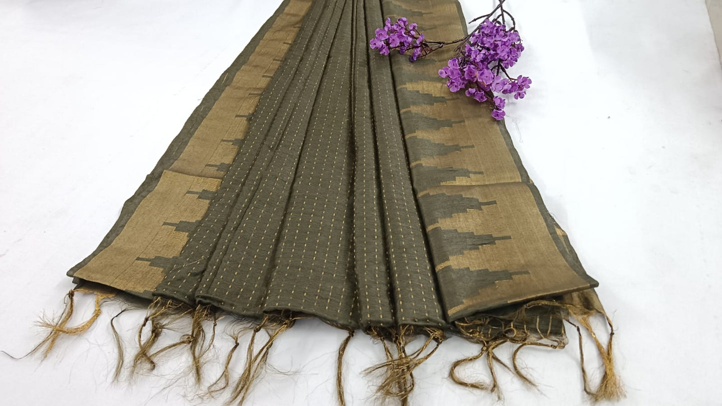 NVLCTB005-Linen cotton Temple border saree olive green Color