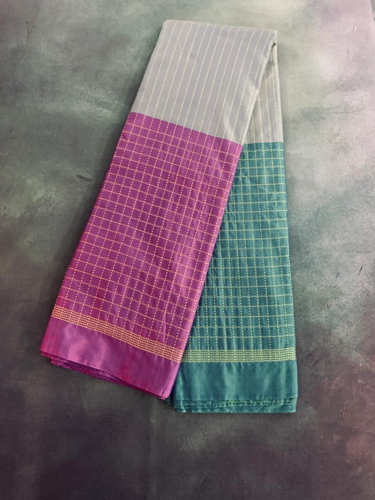 Noil Silk Checked Border sarees green and pink color
