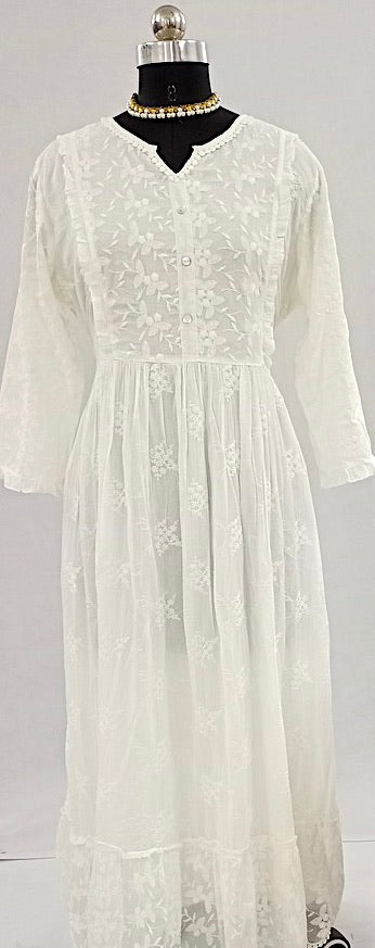 Graceful Simplicity: Forkful Sleeve Full-Length Pure Cotton White Dress-NV92088/D001-D004
