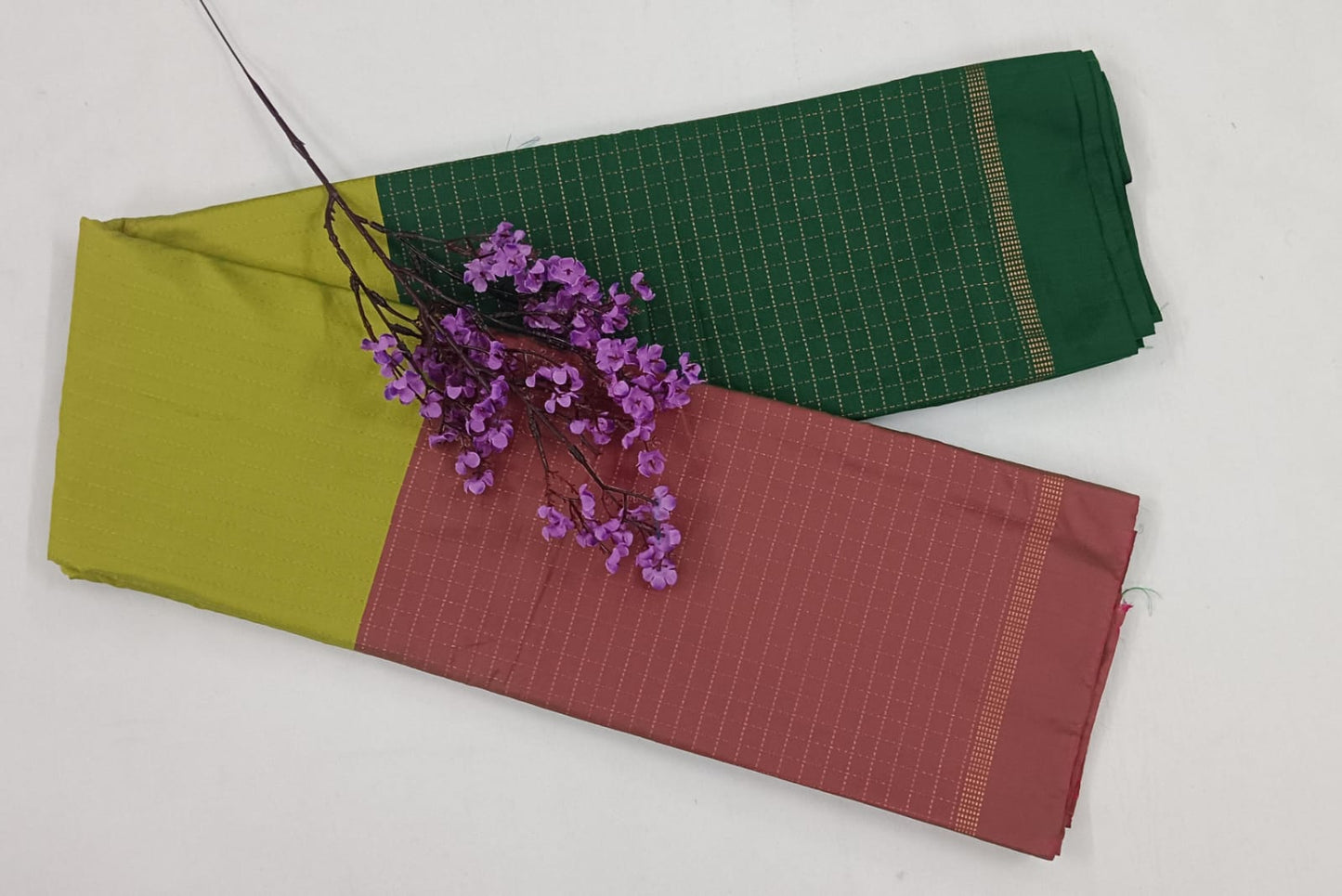 NTSR1036-NTSR1038-Noil silk checked border Light green and dark green color