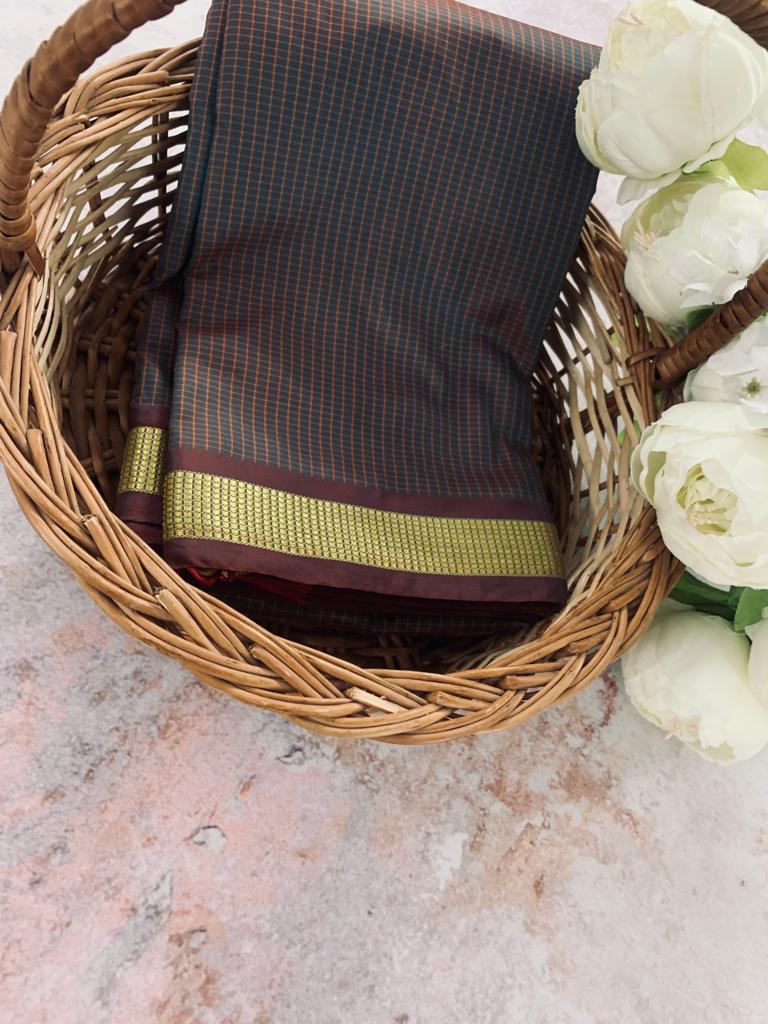 Soft Silk Checked Border - brown Sarees