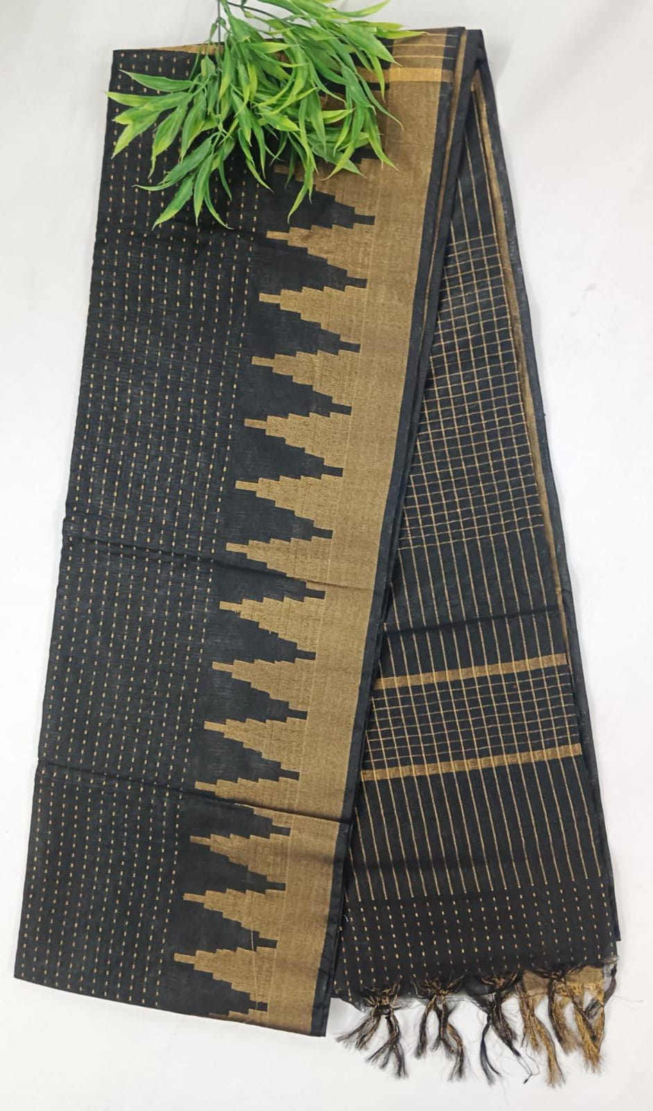 NVLCTB002-Linen cotton Temple border saree Black Color