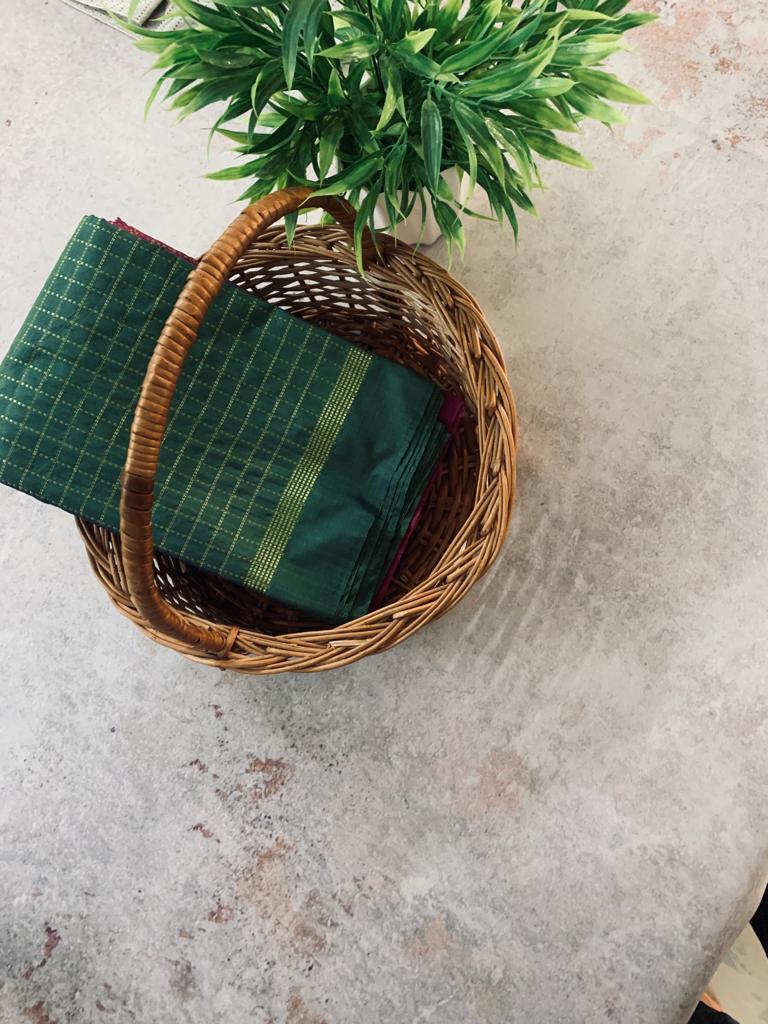 Noil Silk Checked Border sarees green and pink color