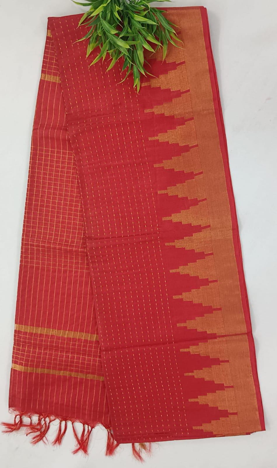 NVLCTB003-Linen cotton Temple border saree Dark Red Color