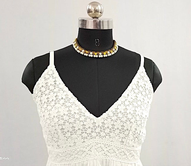 Elegance in White: Sleeveless Pure Cotton Short Dress-NV92219/I001-003