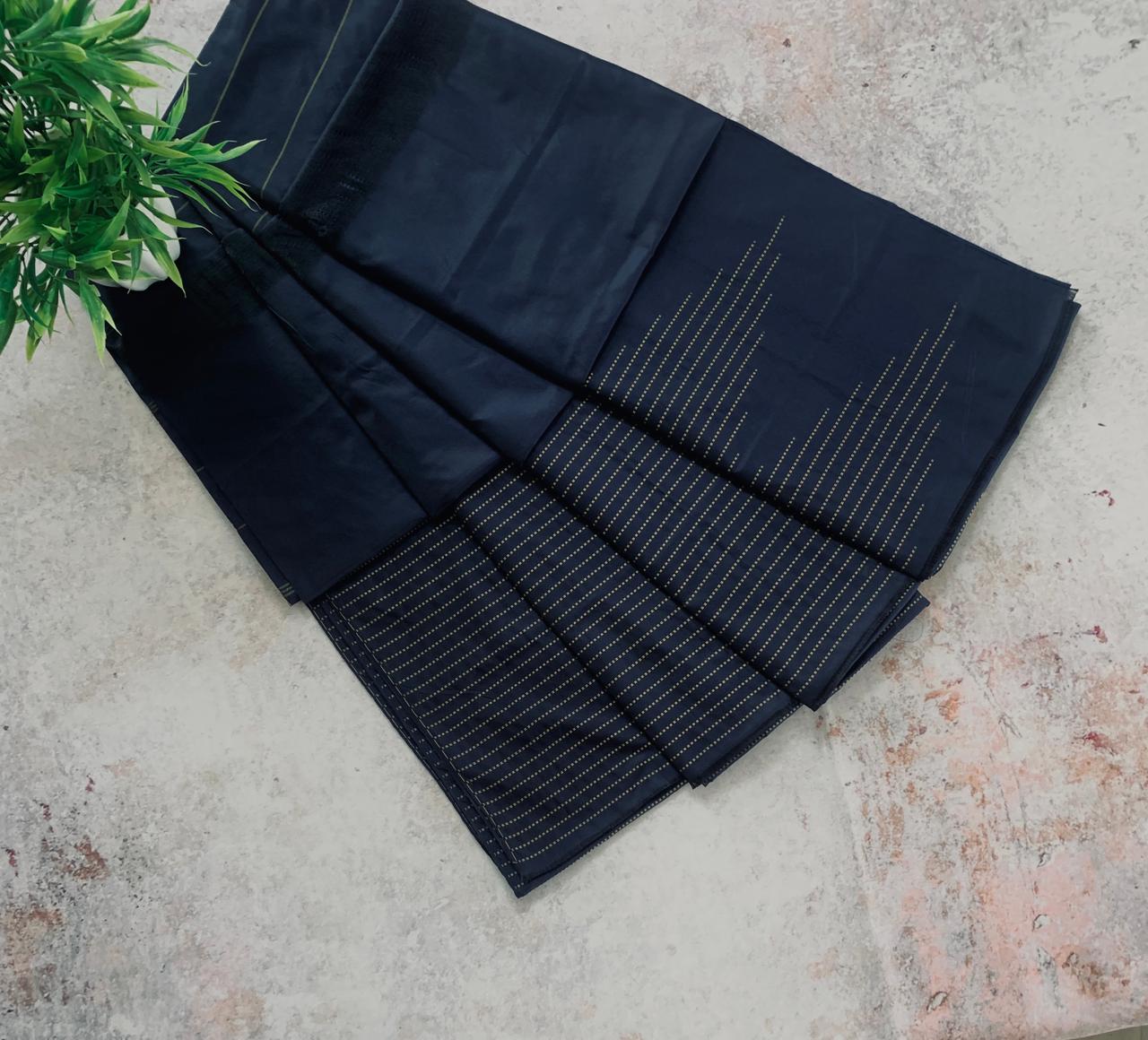 Noil Silk Temple Border Saree navy blue color