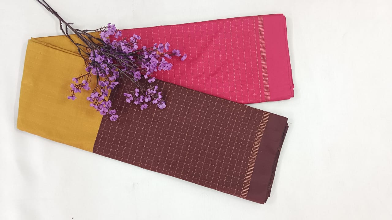 NSTR001-NSTR002-Noil silk checked border saree pink and brown