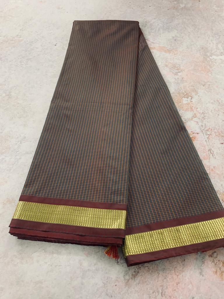 Soft Silk Checked Border - brown Sarees