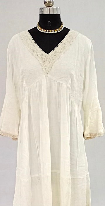 Classic Charm: V-Neck Pure Cotton White Dress-NV91837/001-004