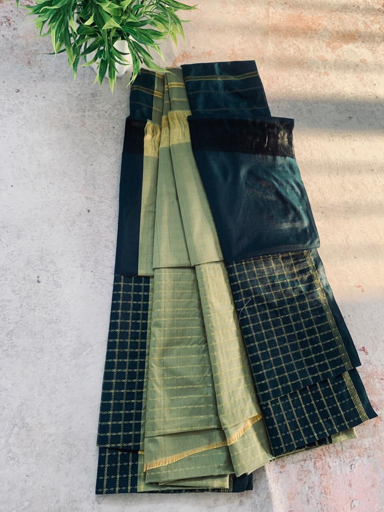 Noil Silk Checked Border sarees bottel green color