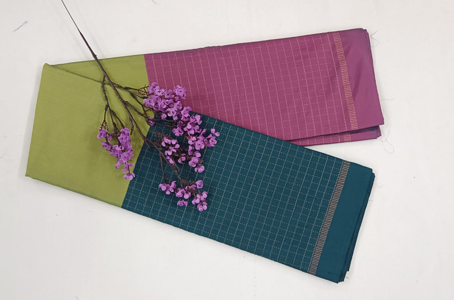 NSTR1027-29-Noil silk checked border saree Light green and dark green