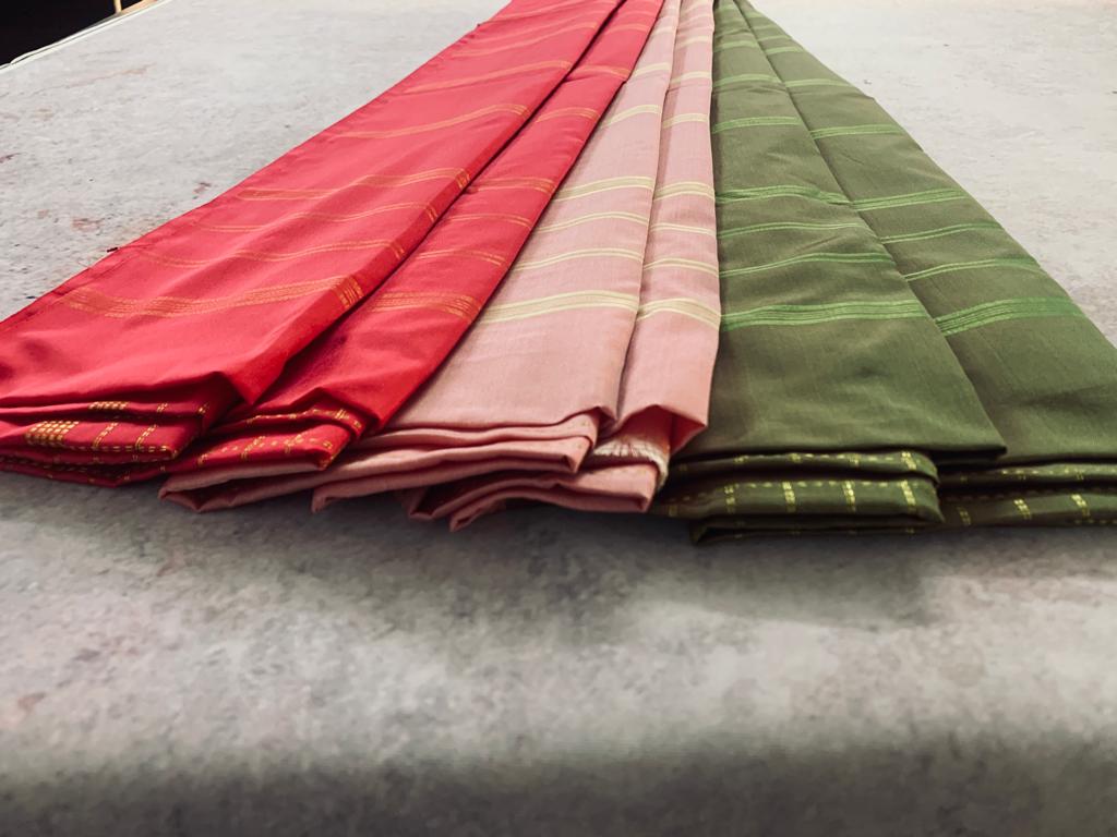 Noil Silk Checked Border sarees olive green color