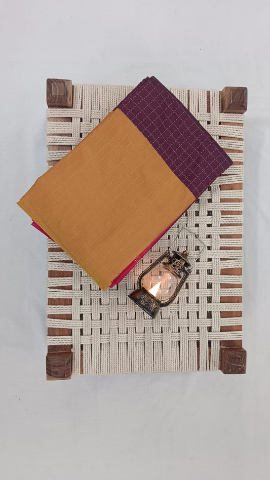NSTR1030-NSTR1031-Noil silk checked border saree Brown and mustard yellow