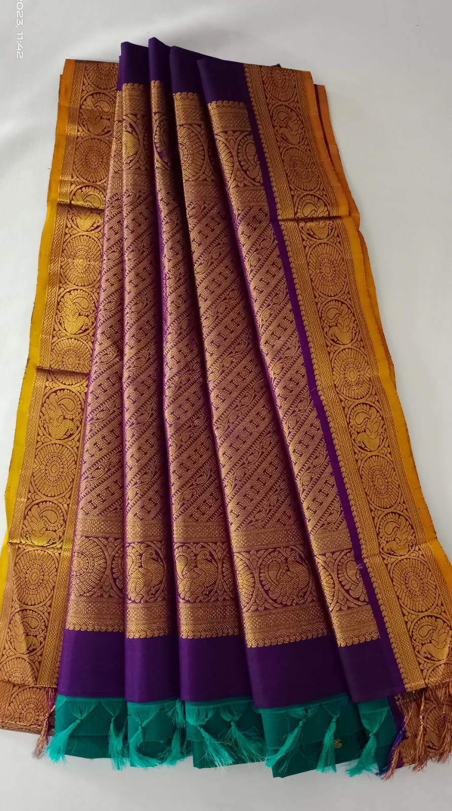 NVBS007-Green and violet colour border bridal saree