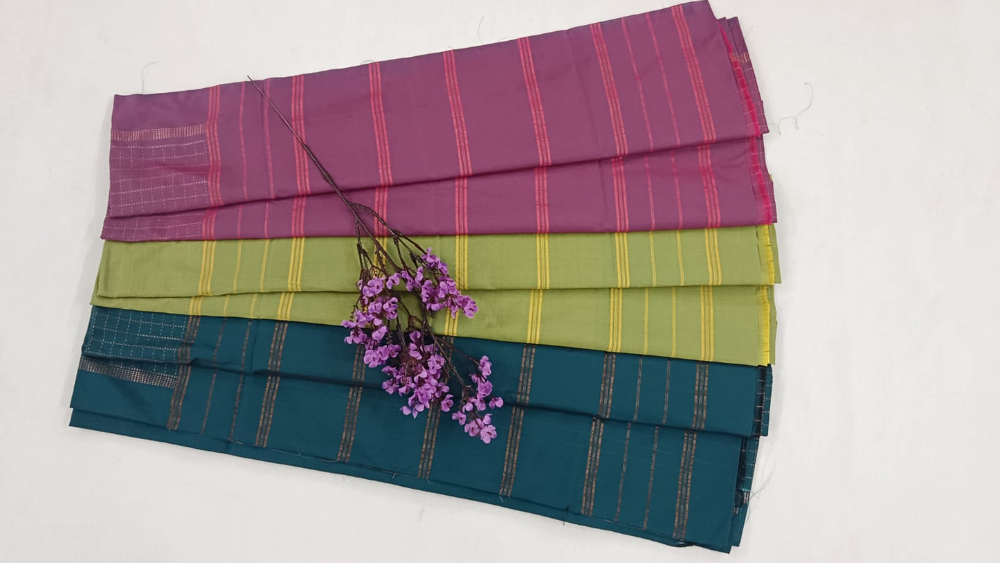NSTR1027-29-Noil silk checked border saree Light green and dark green
