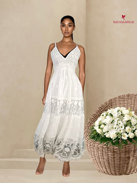 Allure in White: Deep Neck Pure Cotton Dress-NV92219/H001-003