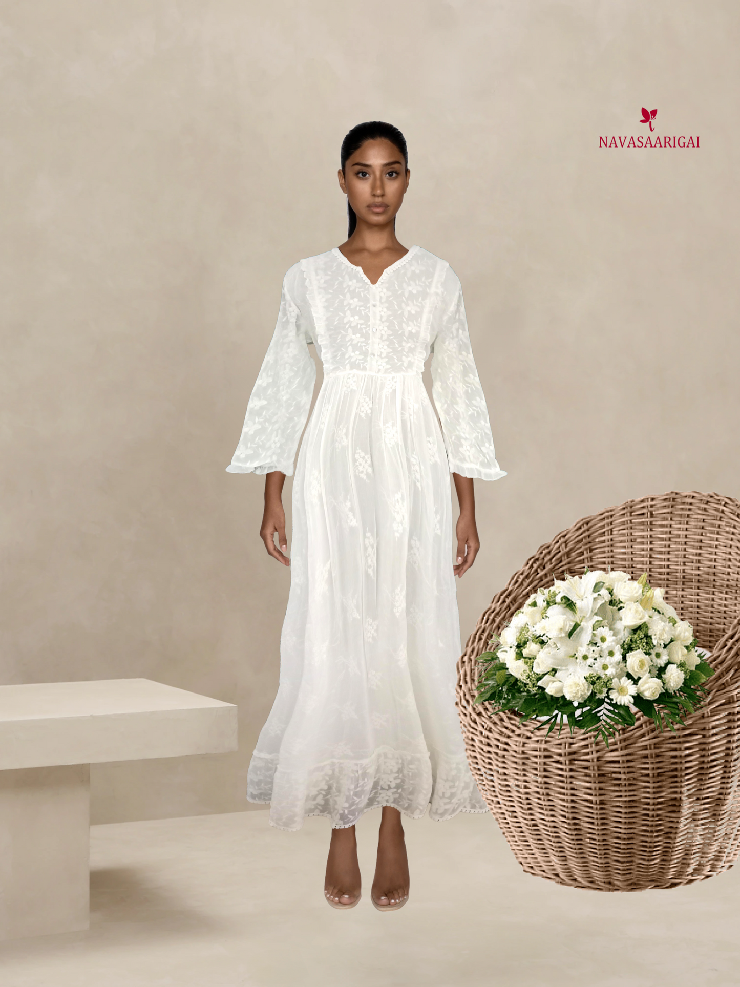 Graceful Simplicity: Forkful Sleeve Full-Length Pure Cotton White Dress-NV92088/D001-D004