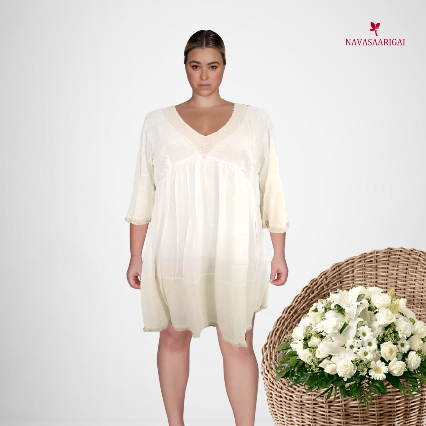 Classic Charm: V-Neck Pure Cotton White Dress-NV91837/001-004
