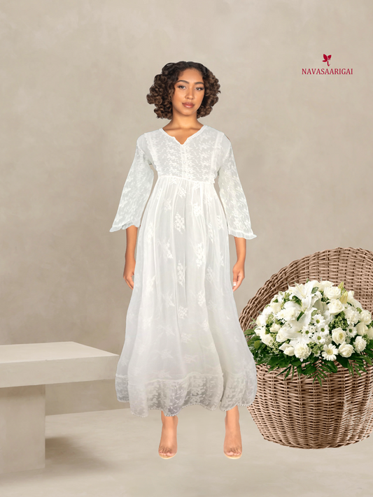 Graceful Simplicity: Forkful Sleeve Full-Length Pure Cotton White Dress-NV92088/D001-D004