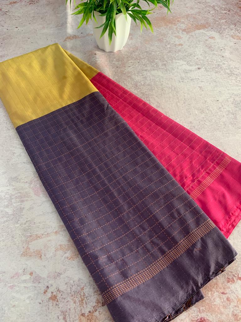 Noil Silk Checked Border sarees grey and pink color