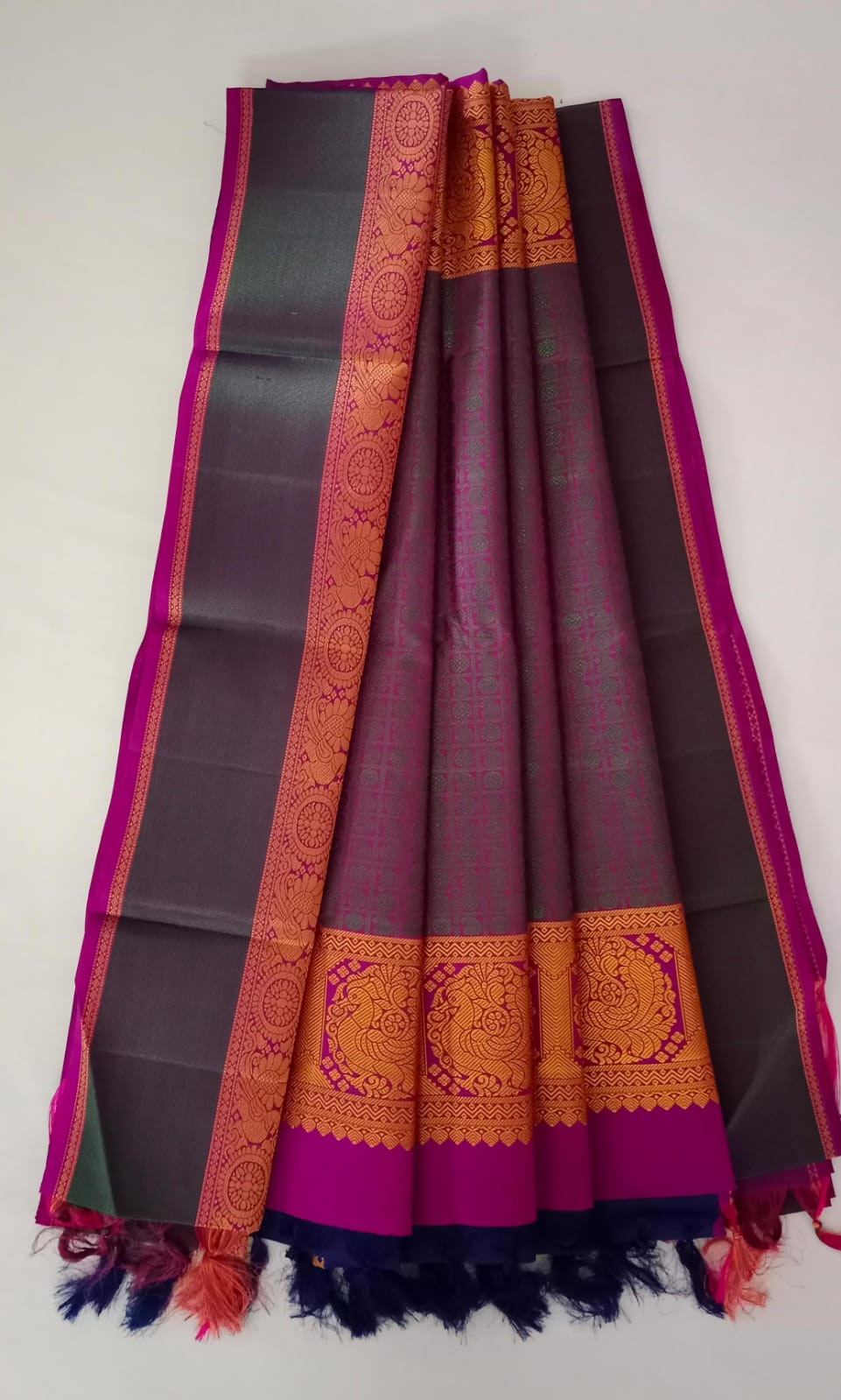 NVBS005 -Ink blue color and pink colour border bridal saree