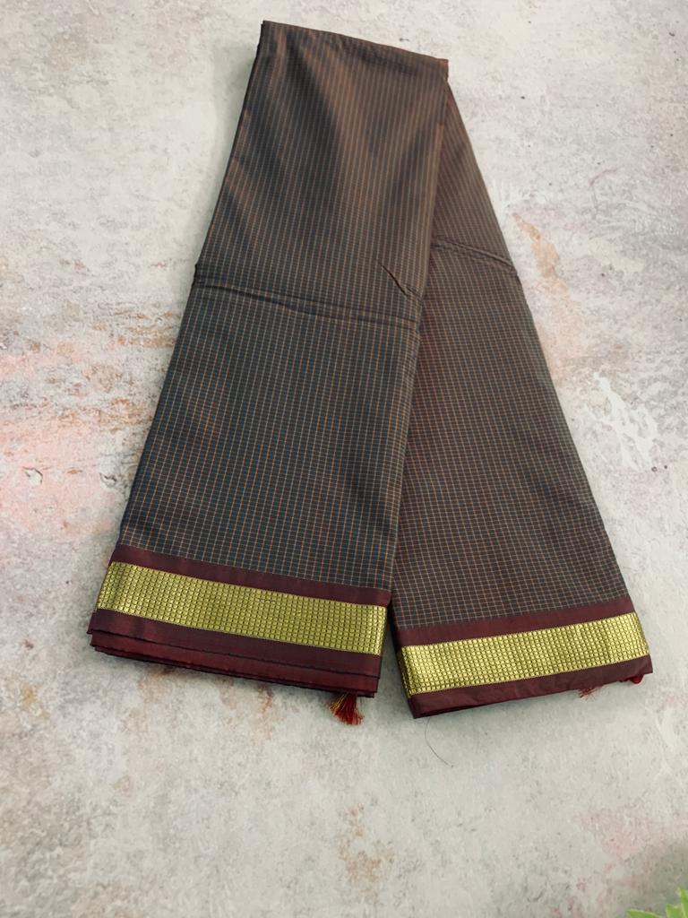 Soft Silk Checked Border - brown Sarees