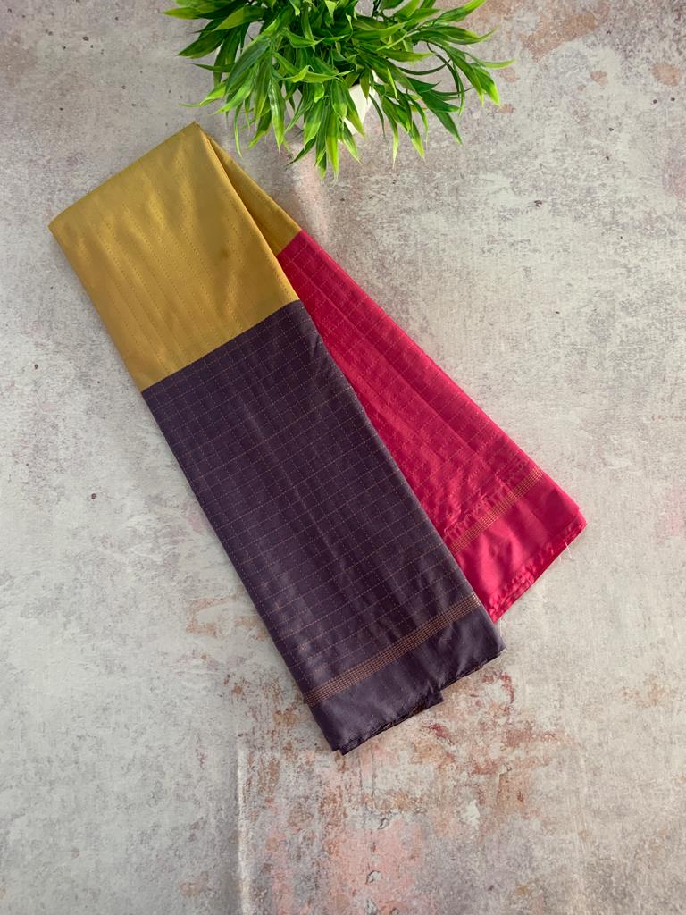 Noil Silk Checked Border sarees grey and pink color