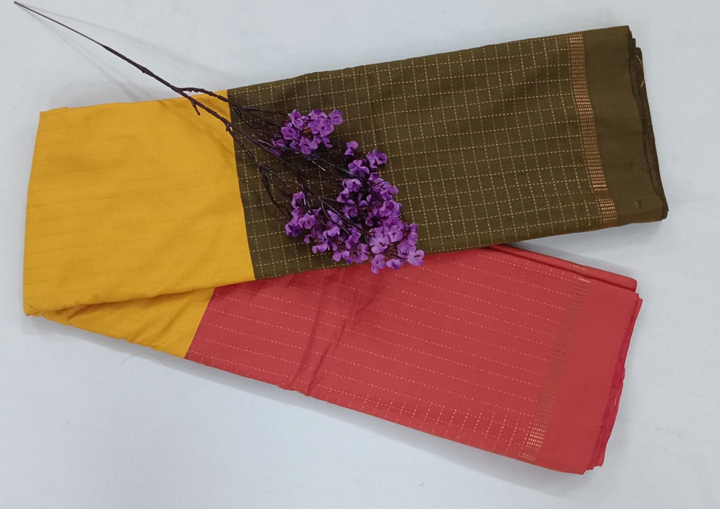 NSTR1032-NSTR1033-Noil silk Checked border saree mutard yellow and olive green color