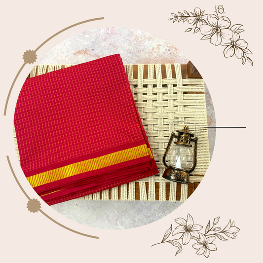 NVSSCB005- Dark Red Checked Border Soft Silk Saree-9 Yard Saree