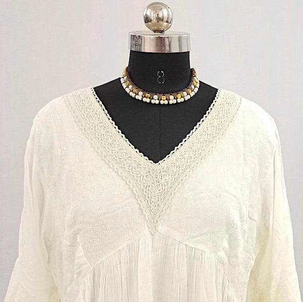 Classic Charm: V-Neck Pure Cotton White Dress-NV91837/001-004