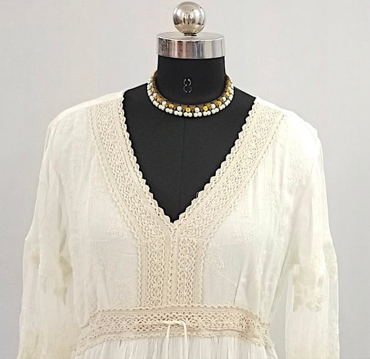 White Knee Length Dress with Full Sleeves- NV92041/001-004