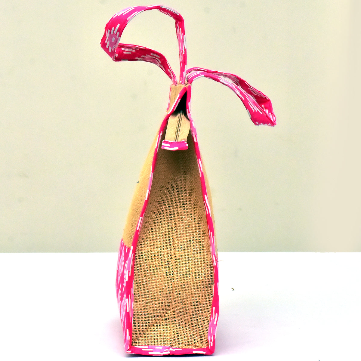 NVJB016-Pink White Printed Jute Bag