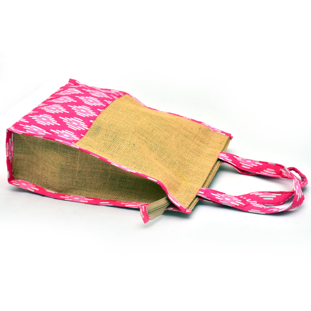 NVJB016-Pink White Printed Jute Bag