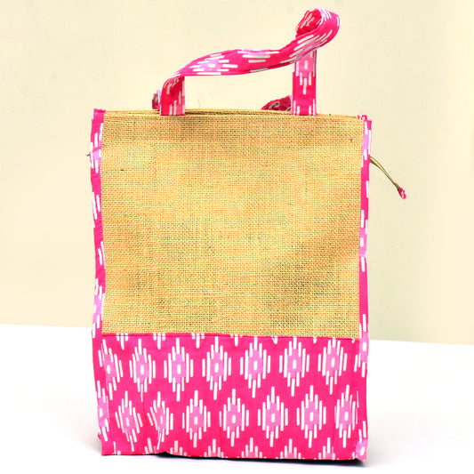 NVJB016-Pink White Printed Jute Bag
