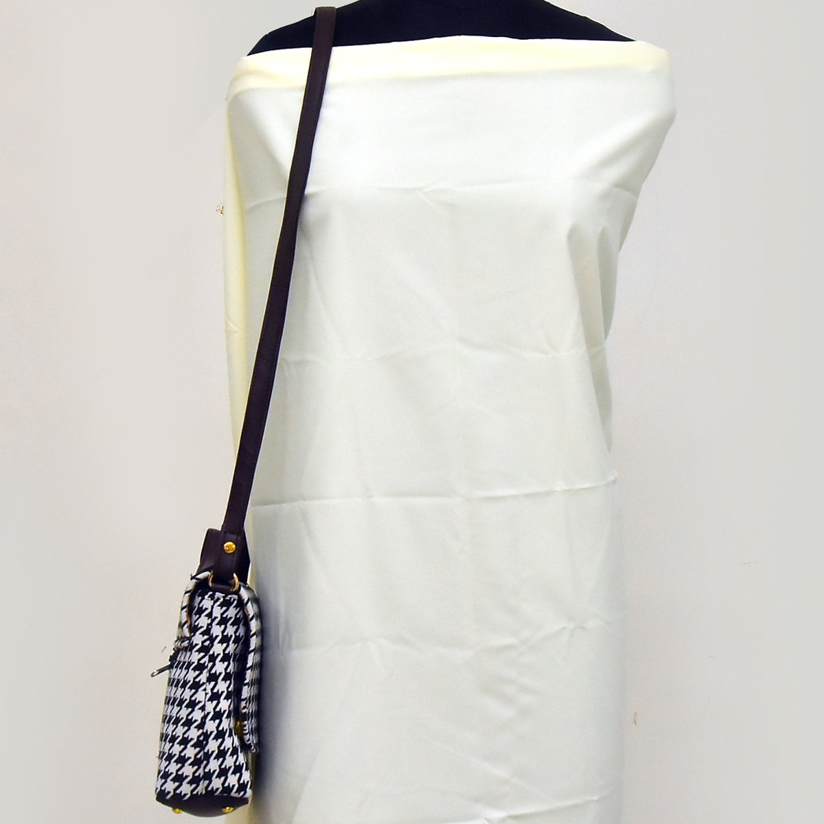 TVM13-Monochrome Chic: Black & White Jacquard Cloth and Leather Sling Bag