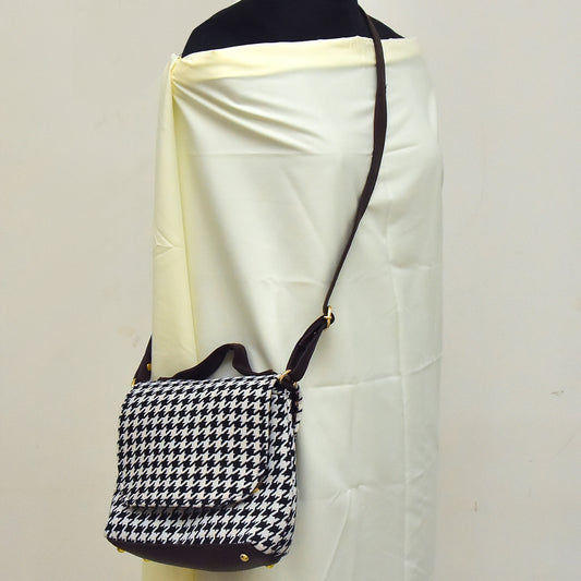 TVM13-Monochrome Chic: Black & White Jacquard Cloth and Leather Sling Bag