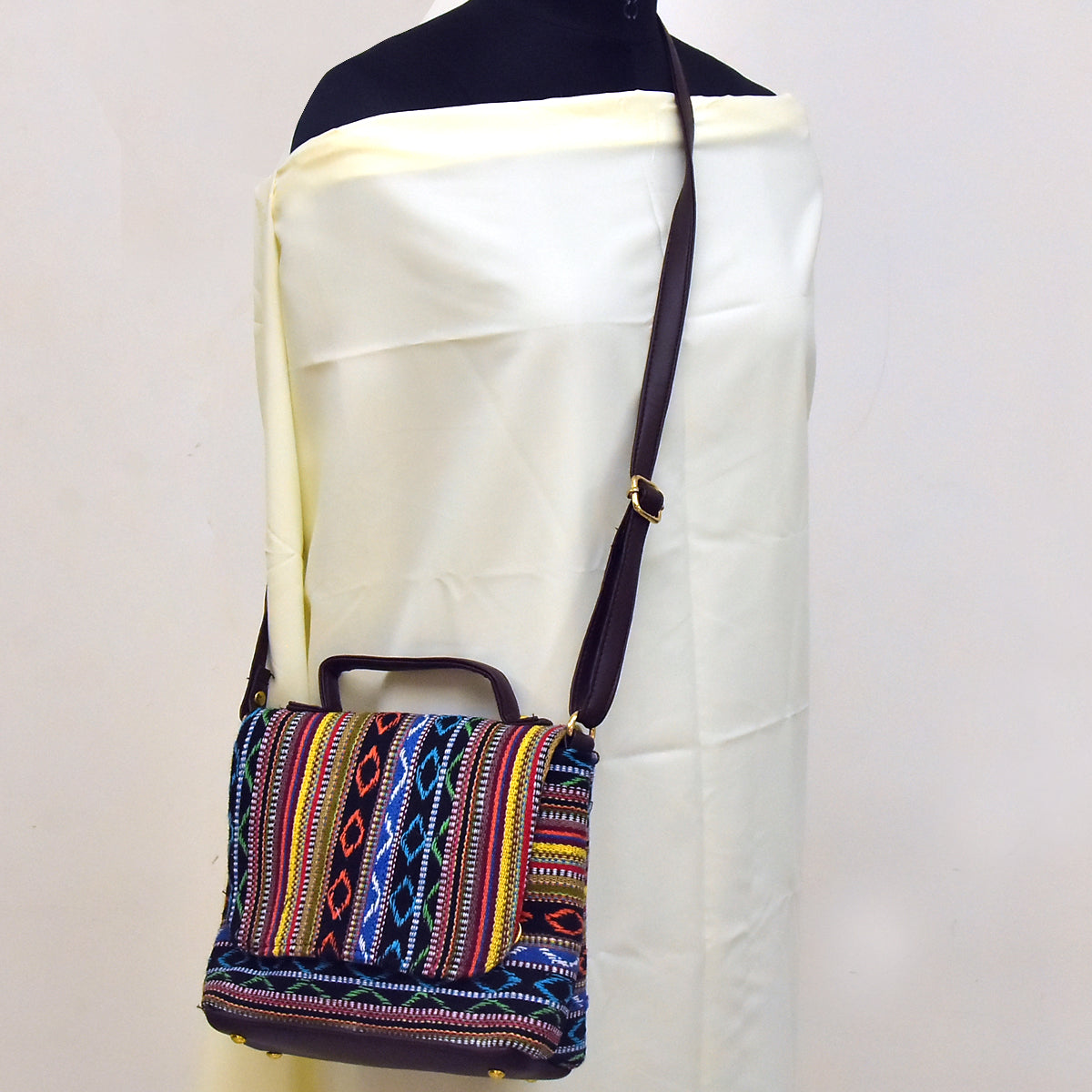 TVM06-Bag-Chic Harmony: Colorful Jacquard Cloth and Leather Sling Bag