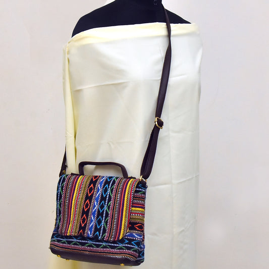TVM06-Bag-Chic Harmony: Colorful Jacquard Cloth and Leather Sling Bag