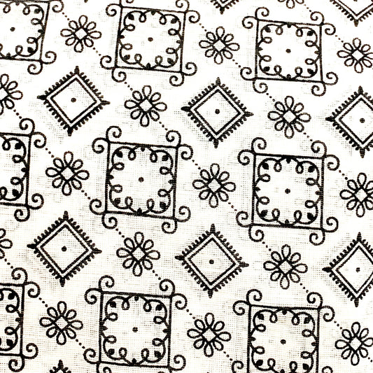 CPY006-Cotton-Monochrome Majesty: White with Black Traditional Printed Cotton Fabric