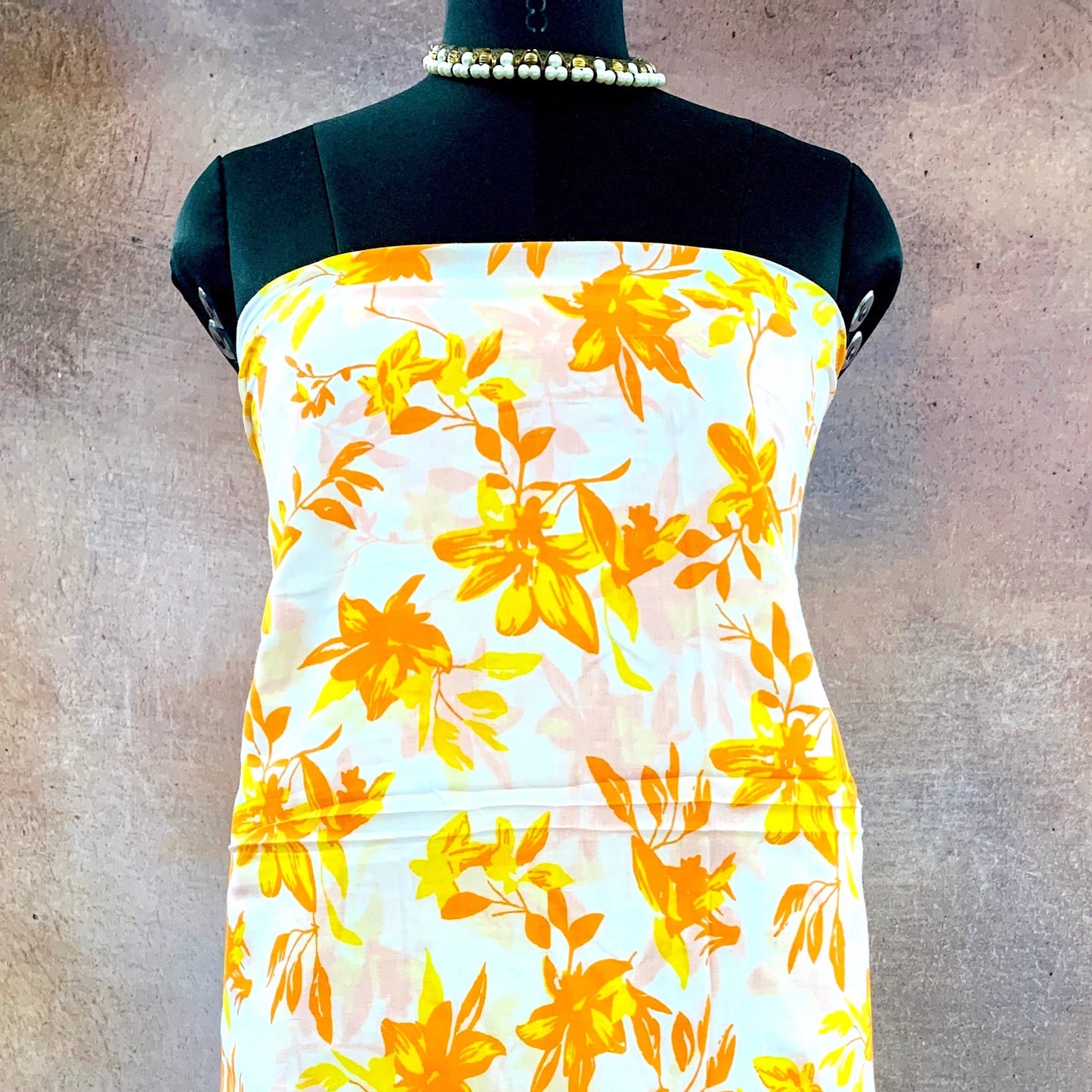 CPY008-Cotton-Citrus Bloom: White with Orange Floral Print Lines Cotton Fabric