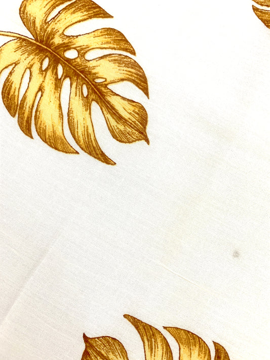CPY014-Cotton-Serenity Leaves: White Small Palm Leaf Printed Cotton Fabric
